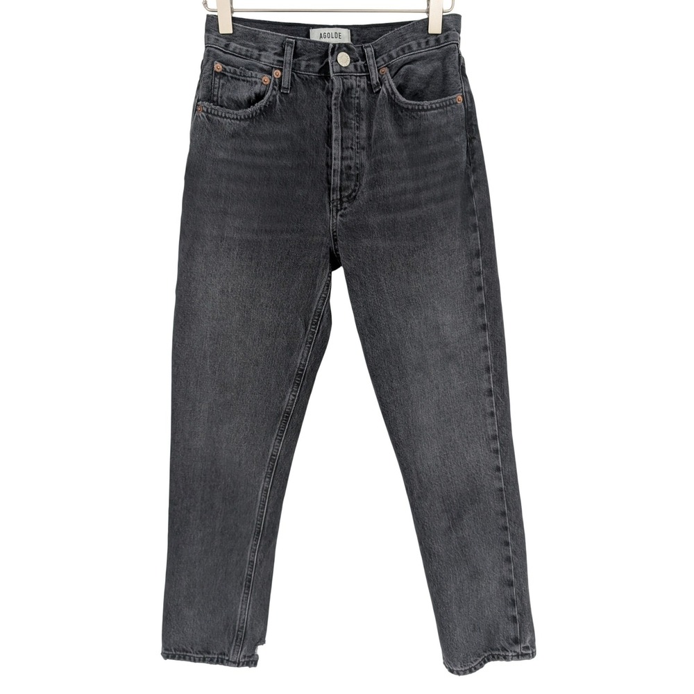 AGOLDE Riley High Rise Straight Leg Jean 25 Black Distressed Hem Minimalist Chic